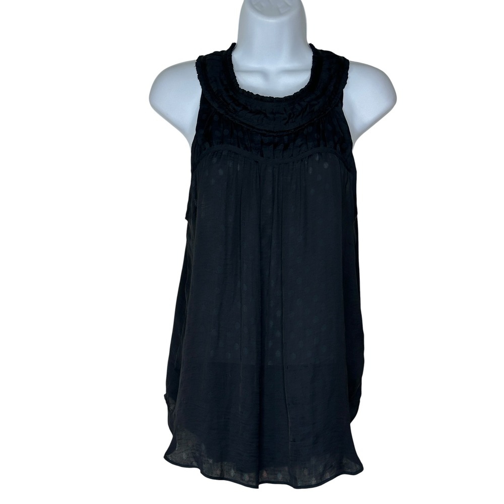 Maeve Anthropologie Blouse 8 Navy Blue Clip Dot Ruffle Sleeveless Clovis Top - Picture 4 of 10